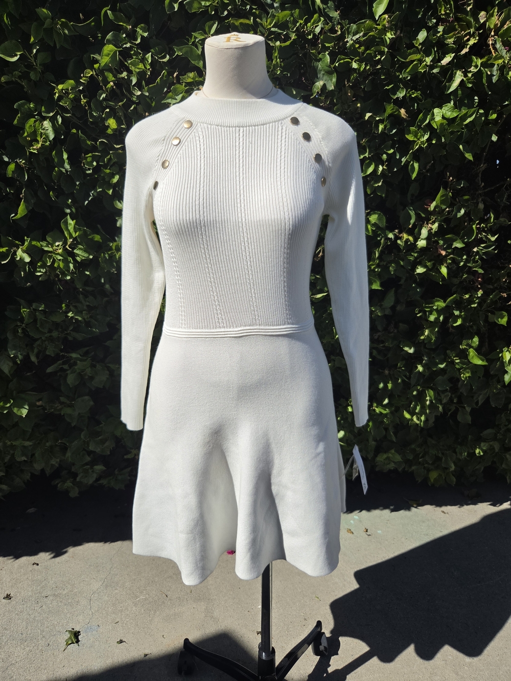 BCX Sweater Dress Women's Small Ivory Ribbed Knit Mock Neck Gold Buttons NWT